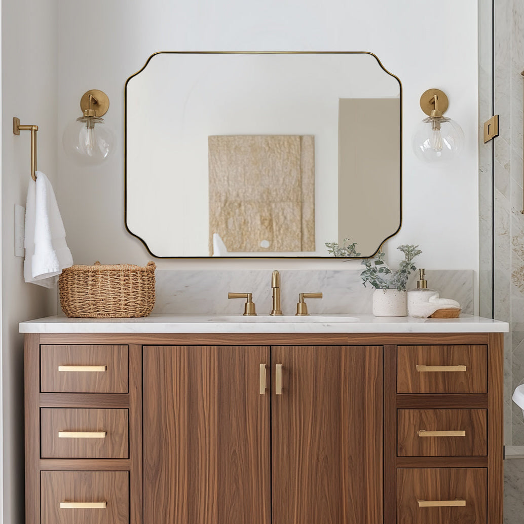 Contemporary Notched Corner Rectangle Scalloped Mirror for Wall /Bathroom | Stainless Steel Frame