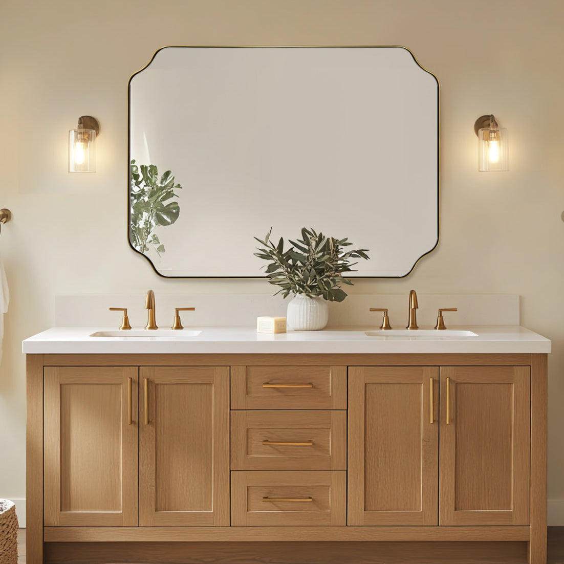 Open Box Like New:Notched Corner Irregular Scalloped Rectangle Mirrors | Stainless Steel Frame