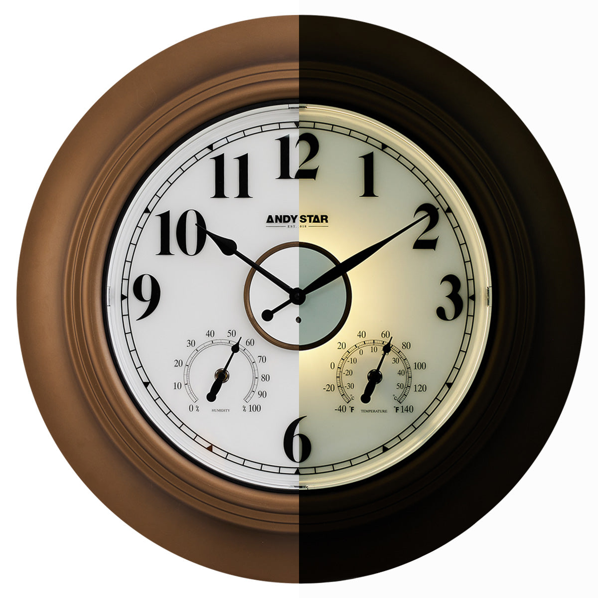 21 inch Bronze Waterproof Bathroom Wall Clock Illuminated Outdoor Clock with Thermometer