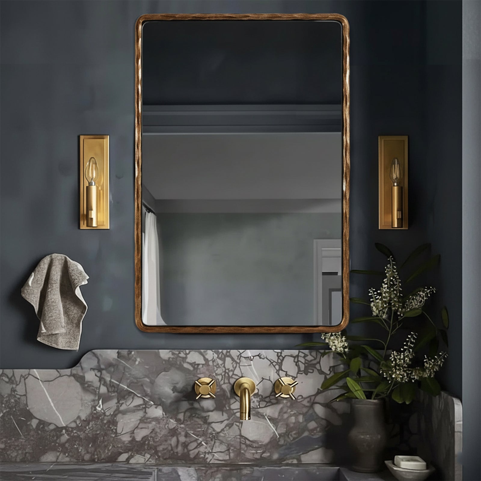 Antique Hand Hammer Frame Forged Iron Rectangle Wall Mirrors Wrought Iron Mirror