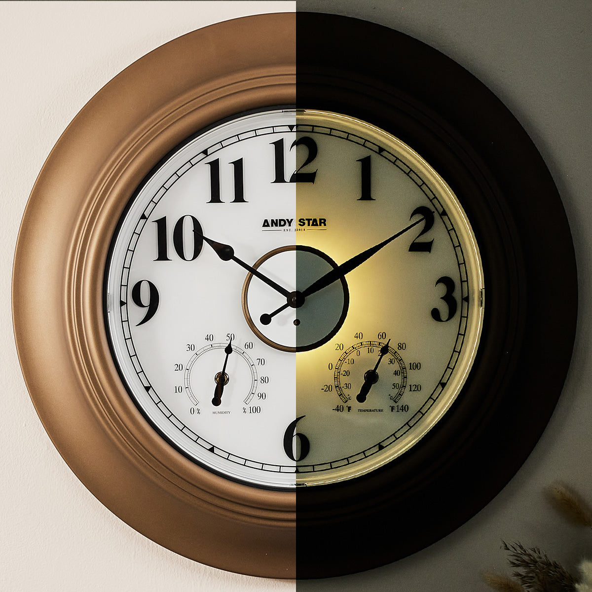 21 inch Bronze Waterproof Bathroom Wall Clock Illuminated Outdoor Clock with Thermometer