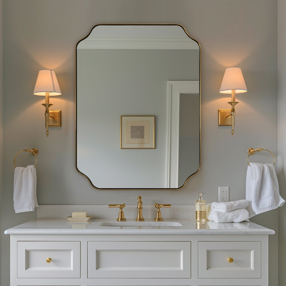 Open Box Like New:Notched Corner Irregular Scalloped Rectangle Mirrors | Stainless Steel Frame