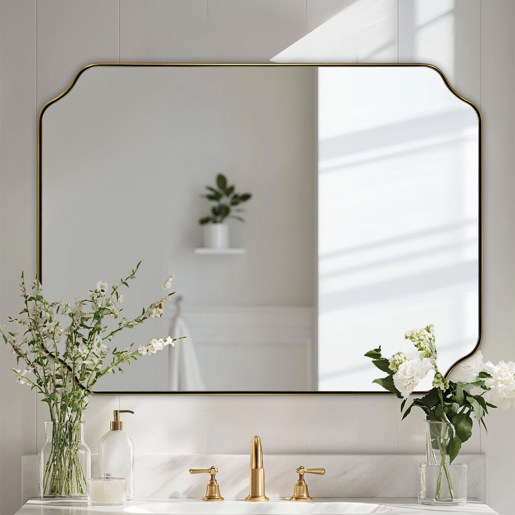 Contemporary Notched Corner Rectangle Scalloped Mirror for Wall /Bathroom | Stainless Steel Frame