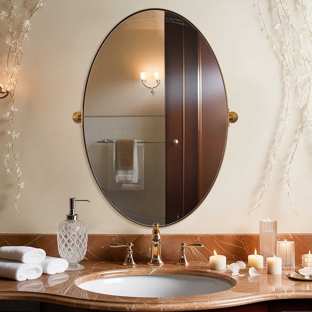 Oval Pivot Mirrors Adjustable Tilting Angle Floating Bathroom Mirror| Stainless Steel Framed