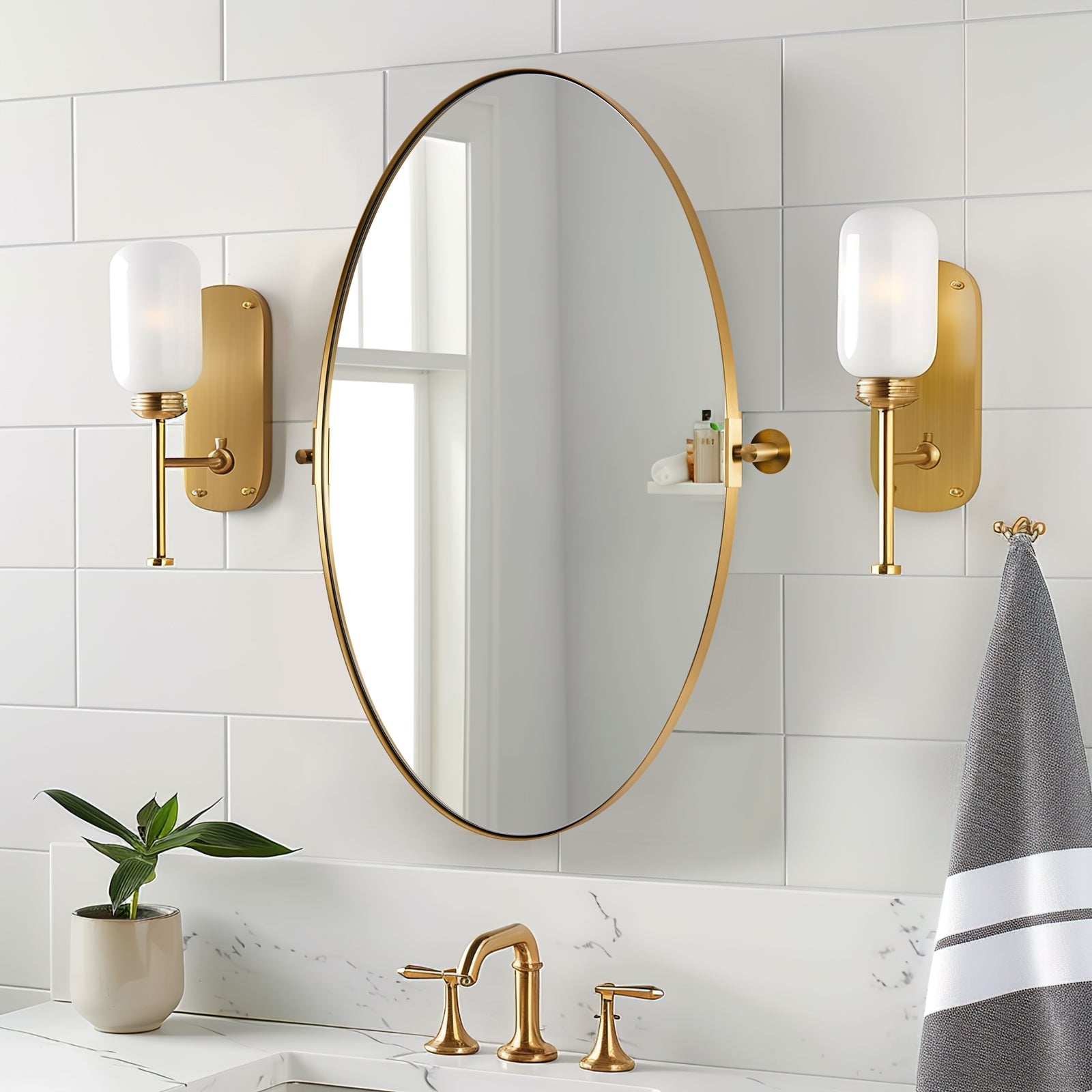 Oval Pivot Mirrors Adjustable Tilting Angle Floating Bathroom Mirror| Stainless Steel Framed