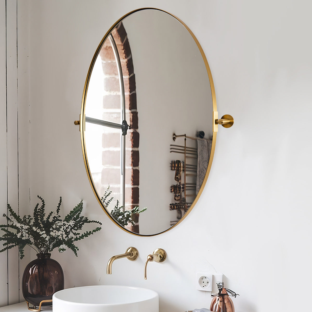 Oval Pivot Mirrors Adjustable Tilting Angle Floating Bathroom Mirror| Stainless Steel Framed