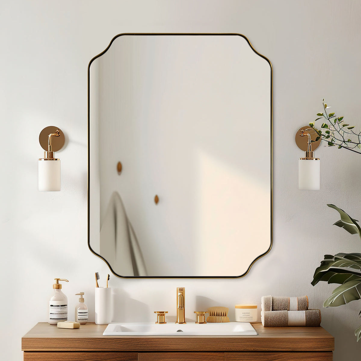Contemporary Rounded Notched Corner Irregular Scalloped Mirror for Wall /Bathroom | Stainless Steel Frame