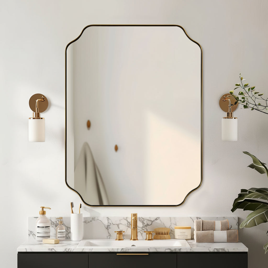 Open Box Like New:Notched Corner Rectangle Scalloped Mirror | Stainless Steel Frame