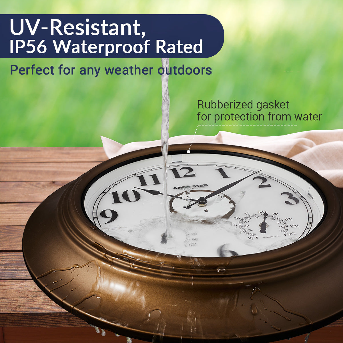 21 inch Bronze Waterproof Bathroom Wall Clock Illuminated Outdoor Clock with Thermometer
