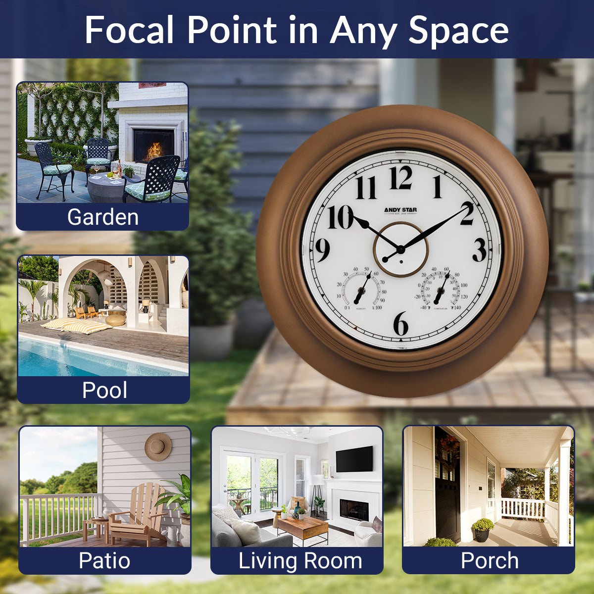 Contemporary Large Outdoor Wall Clock with Thermometer Weatherproof Illuminated ,21 Inch