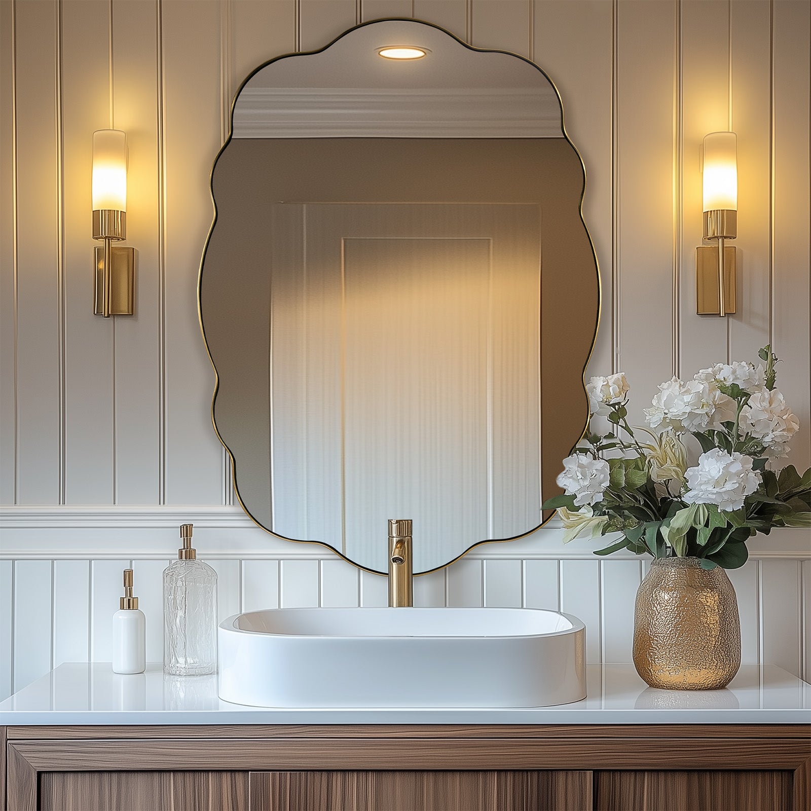 Contemporary Wavy Oval Scalloped Bathroom Vanity Mirror Irregular Decorative Mirror| Stainless Steel Framed