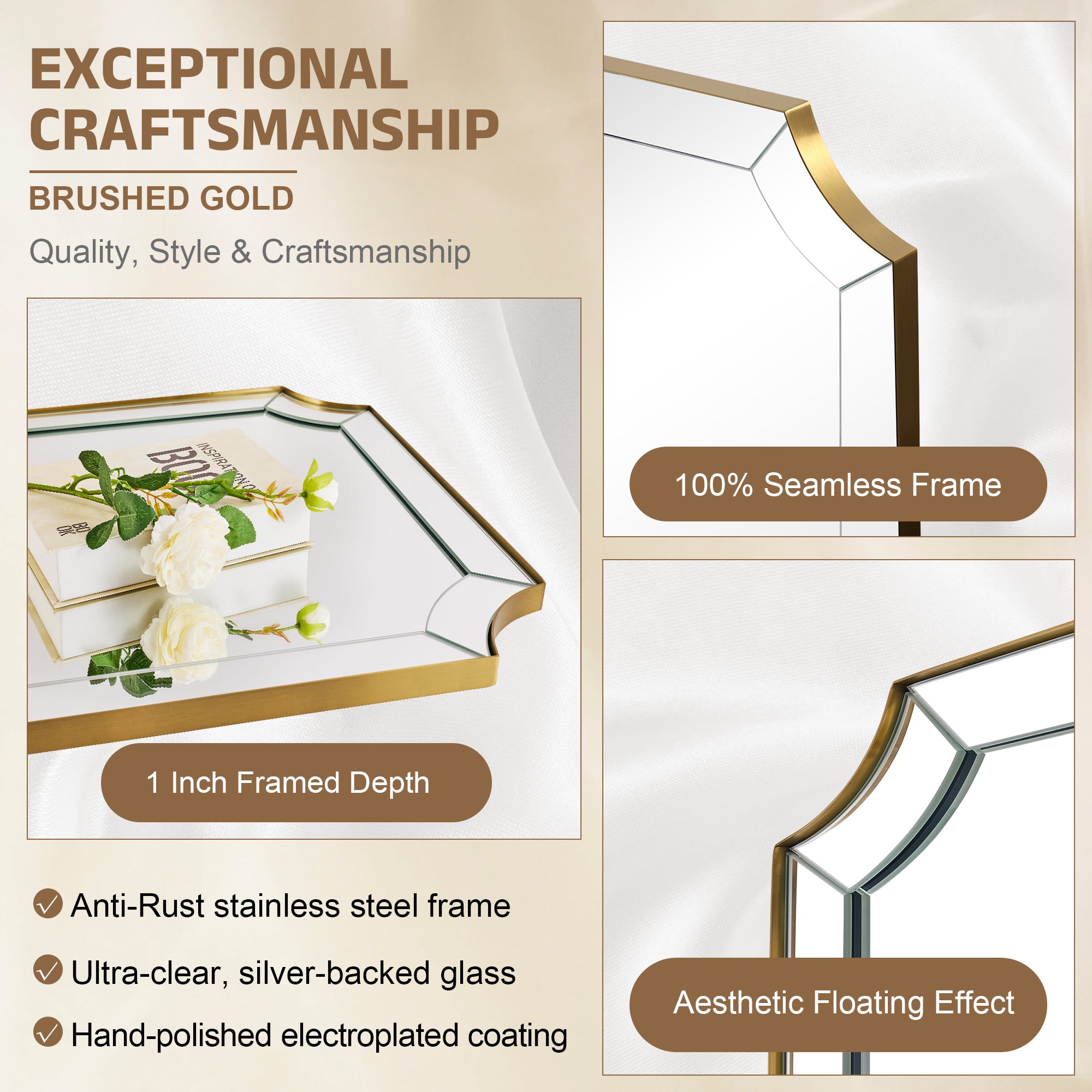 Minuette Glass Tiles Edge Scalloped Bathroom Vanity Mirrors | Stainless Steel Frame