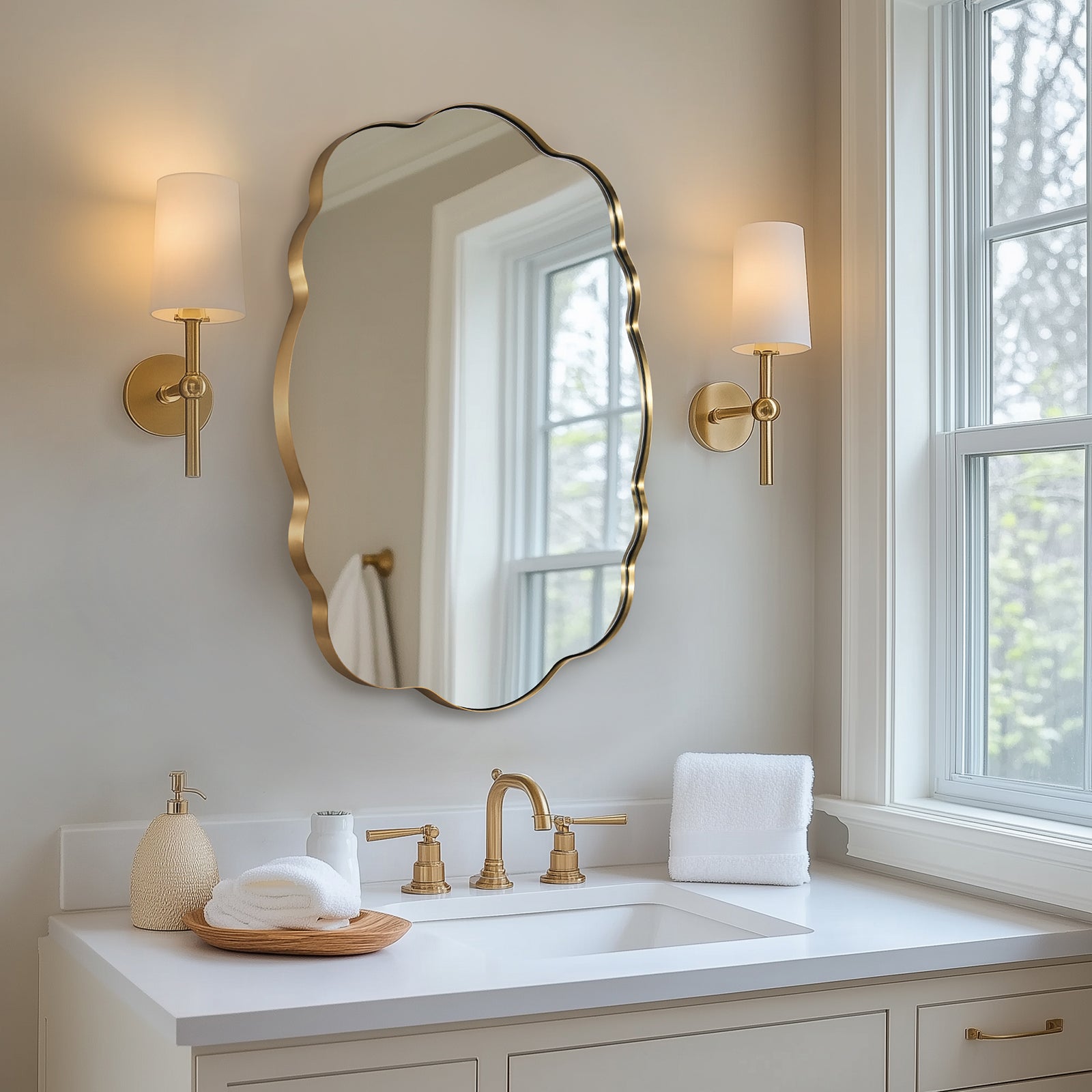 Contemporary Wavy Oval Scalloped Bathroom Vanity Mirror Irregular Decorative Mirror| Stainless Steel Framed