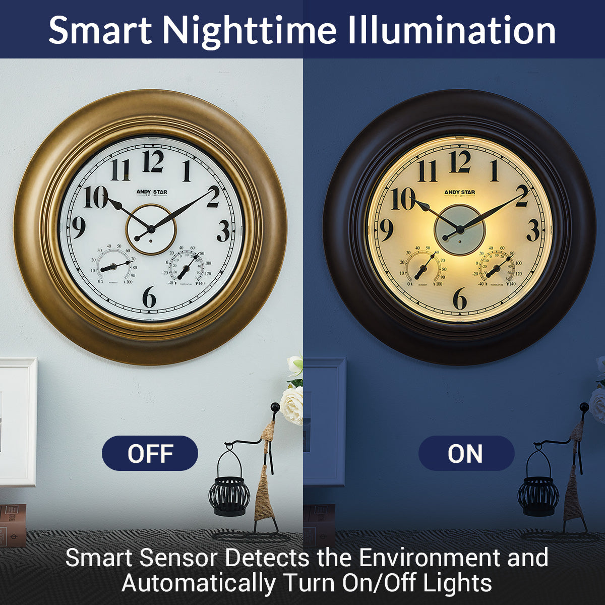 21 Inch Brass Large Outdoor Wall Clock with Thermometer Weatherproof Illuminated