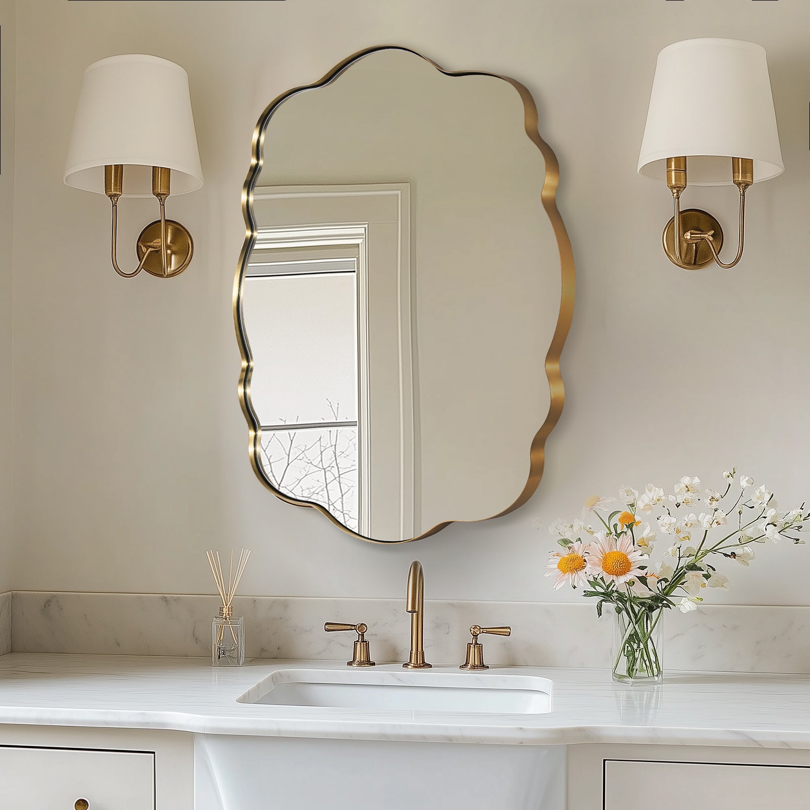 Open Box Like New:Contemporary Wavy Oval Scalloped Bathroom Vanity Mirror | Stainless Steel Framed
