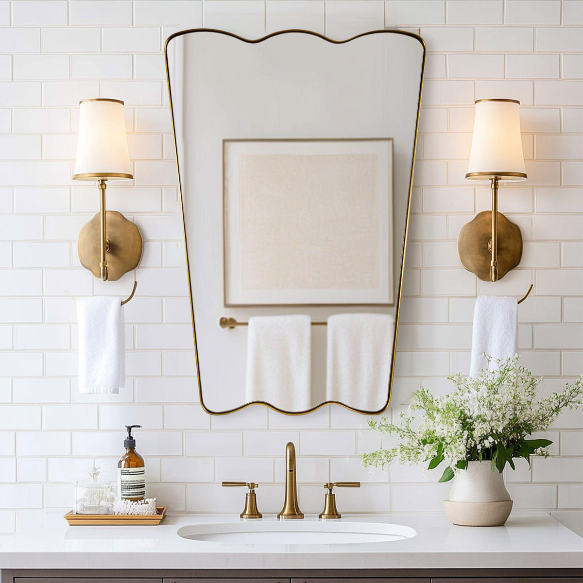 Trapezoidal Wavy Scalloped Bathroom Vanity Mirror | Stainless Steel Framed