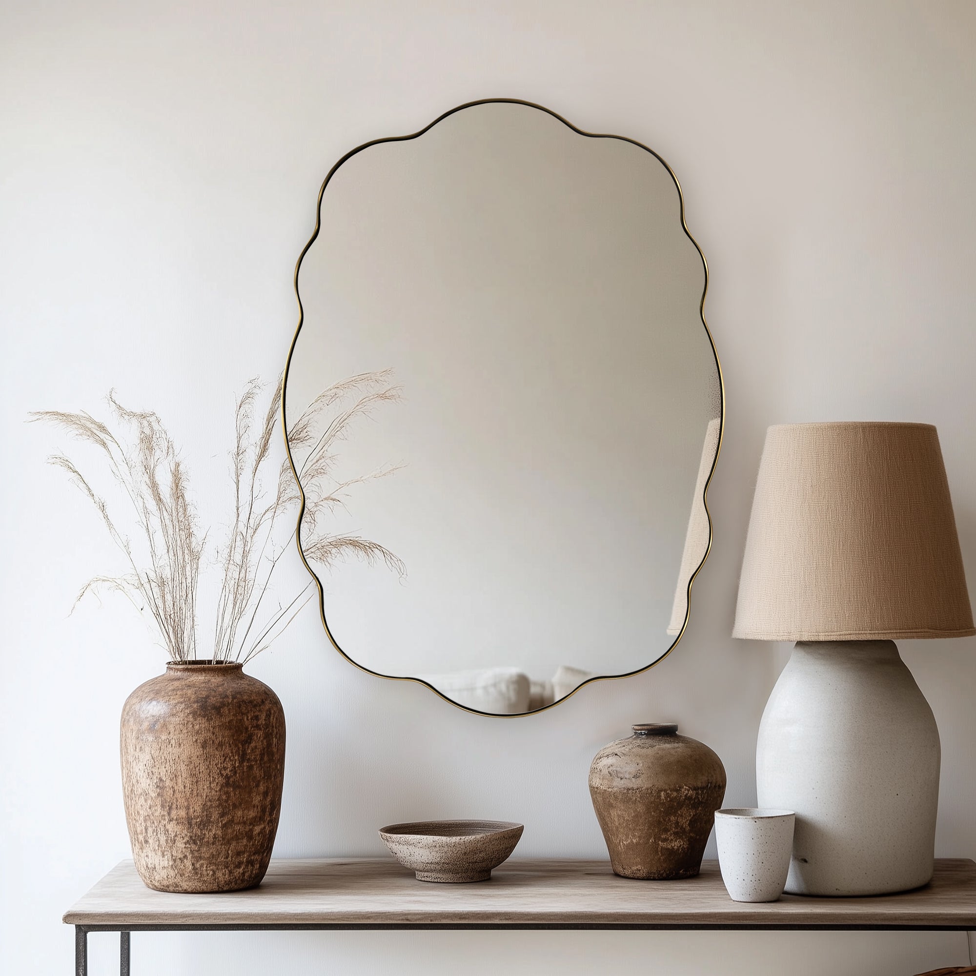 Contemporary Wavy Oval Scalloped Bathroom Vanity Mirror Irregular Decorative Mirror| Stainless Steel Framed