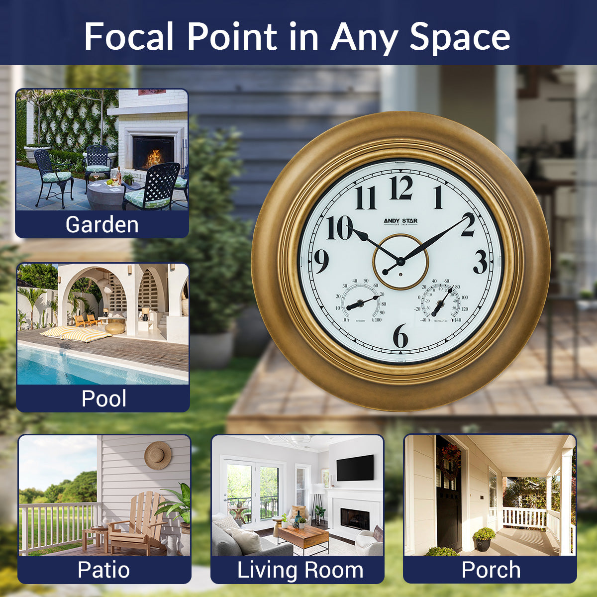 Contemporary Large Outdoor Wall Clock with Thermometer Weatherproof Illuminated ,21 Inch