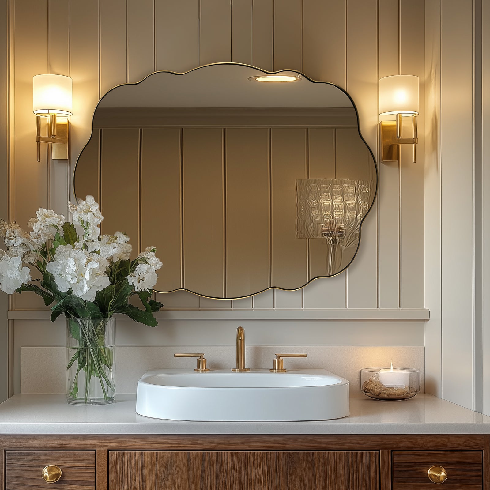 Contemporary Wavy Oval Scalloped Bathroom Vanity Mirror Irregular Organic Mirror| Stainless Steel Framed