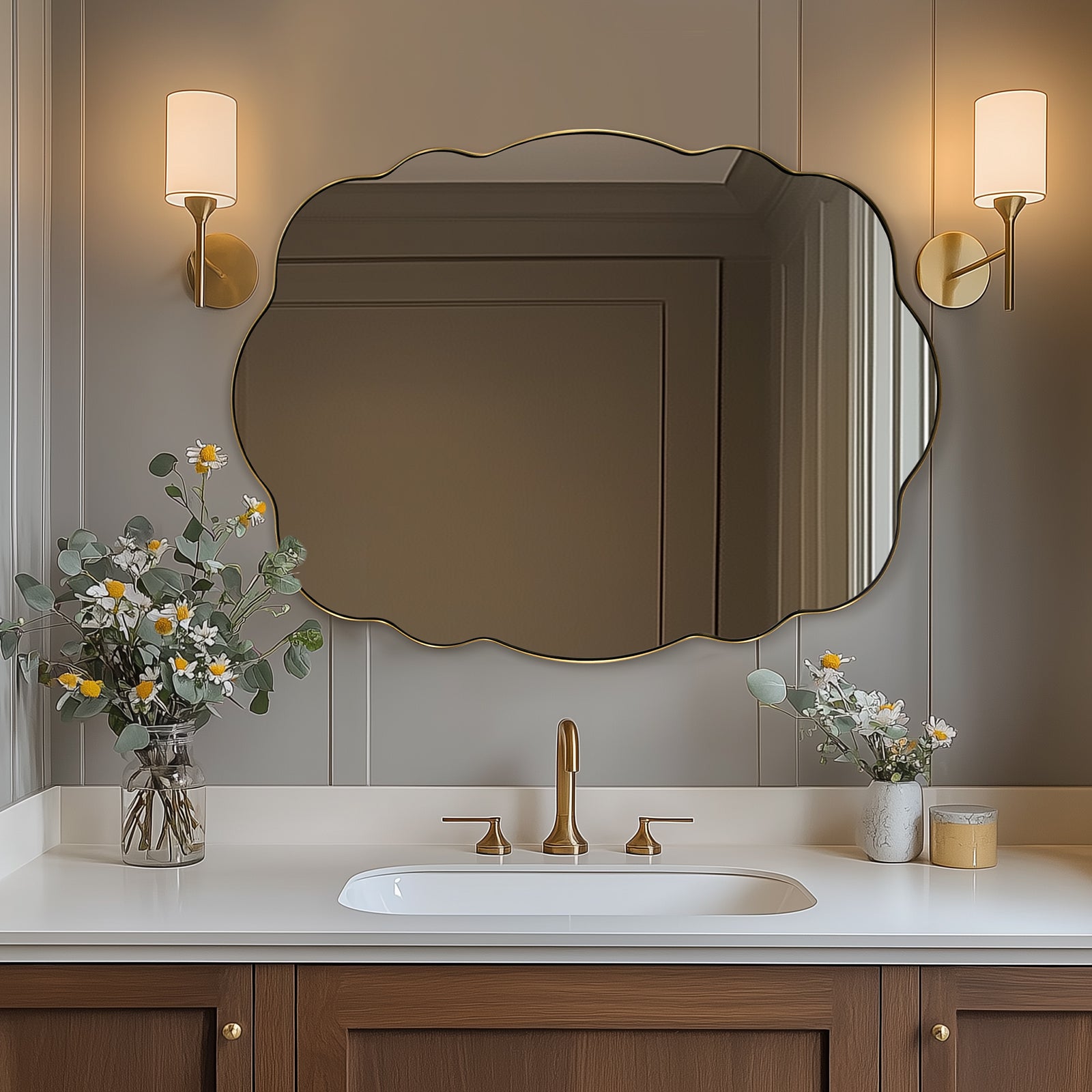 Contemporary Wavy Oval Scalloped Bathroom Vanity Mirror Irregular Organic Mirror| Stainless Steel Framed