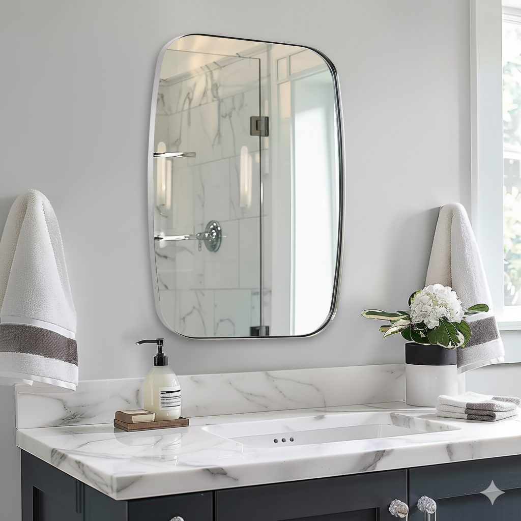 Modern Oblong Bathroom Mirror Long Oval Mirror | Stainless Steel Frame
