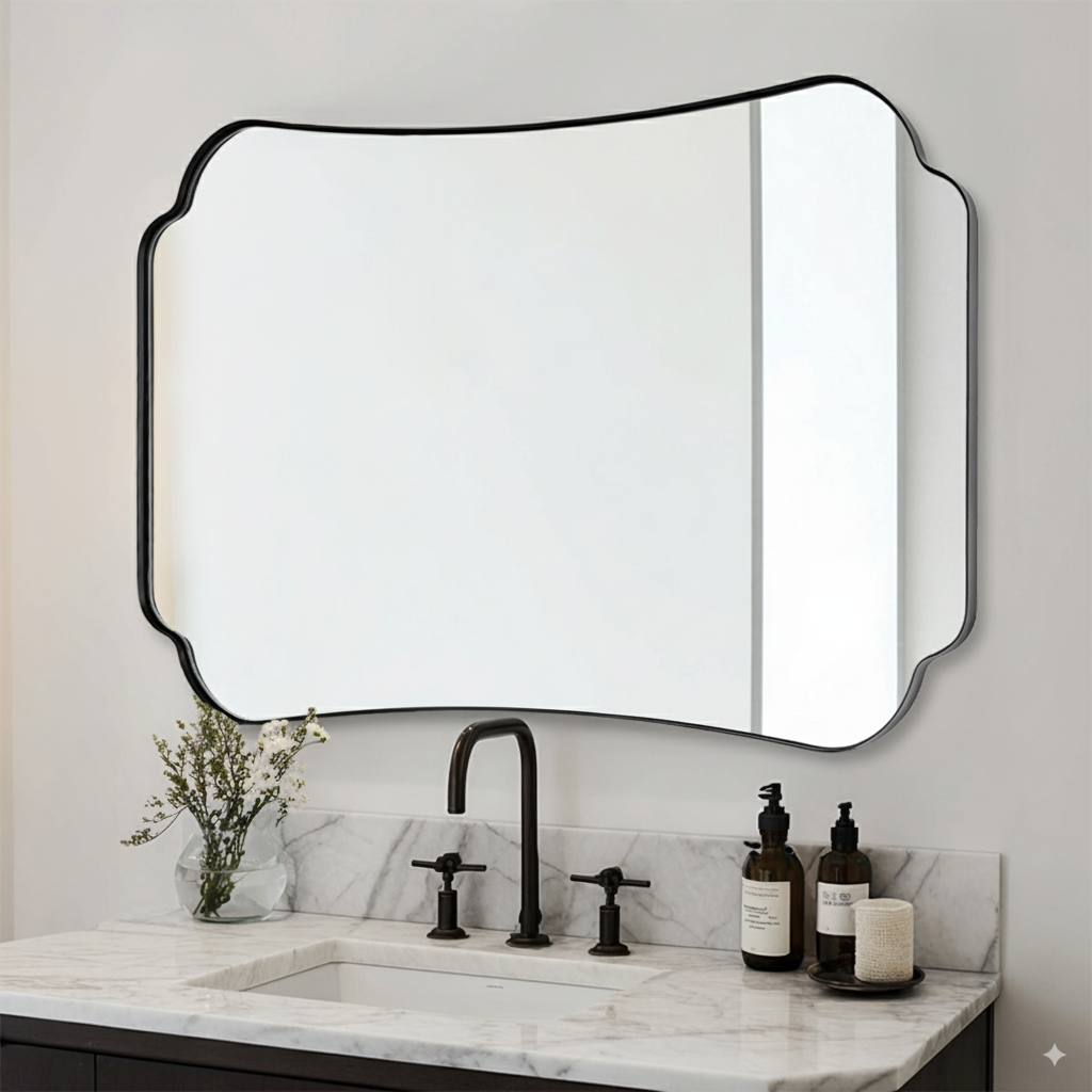 Contemporary Concave Edge Scalloped Bathroom Mirror Decorative | Stainless Steel Frame