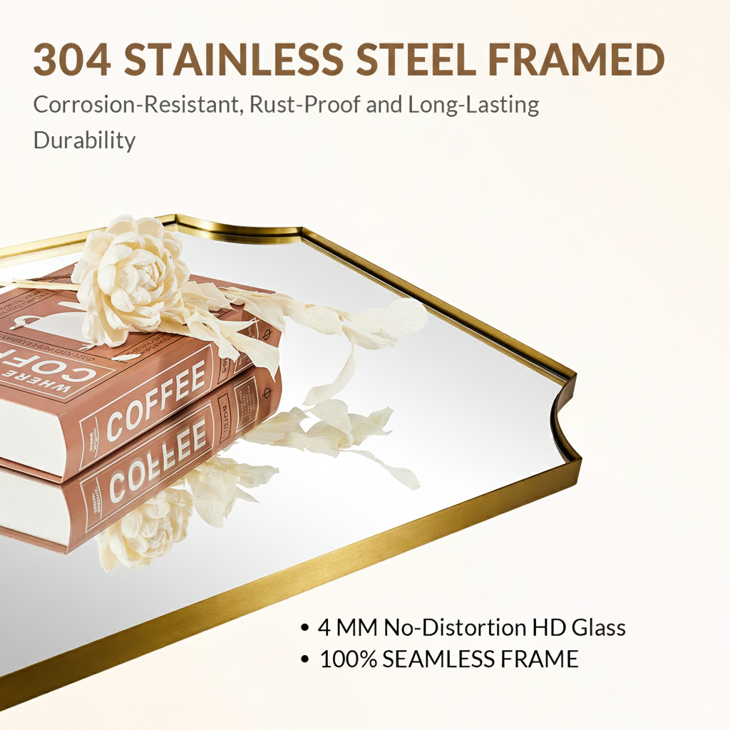 Open Box Like New : Notched Corner Irregular Scalloped Rectangle Mirrors | Stainless Steel Farme