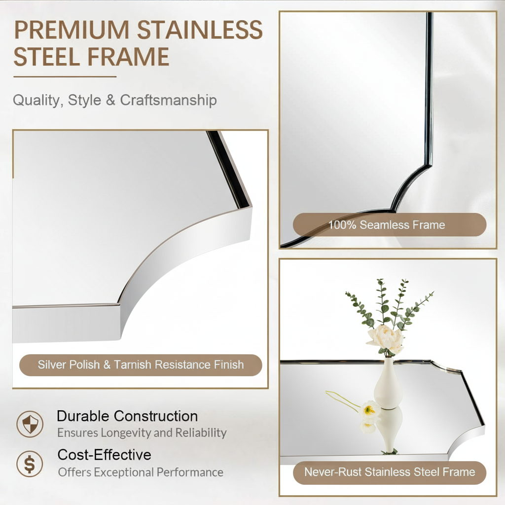 Contemporary Rounded Notched Corner Scalloped Rectangle Bathroom Vanity Mirror | Stainless Steel Frame