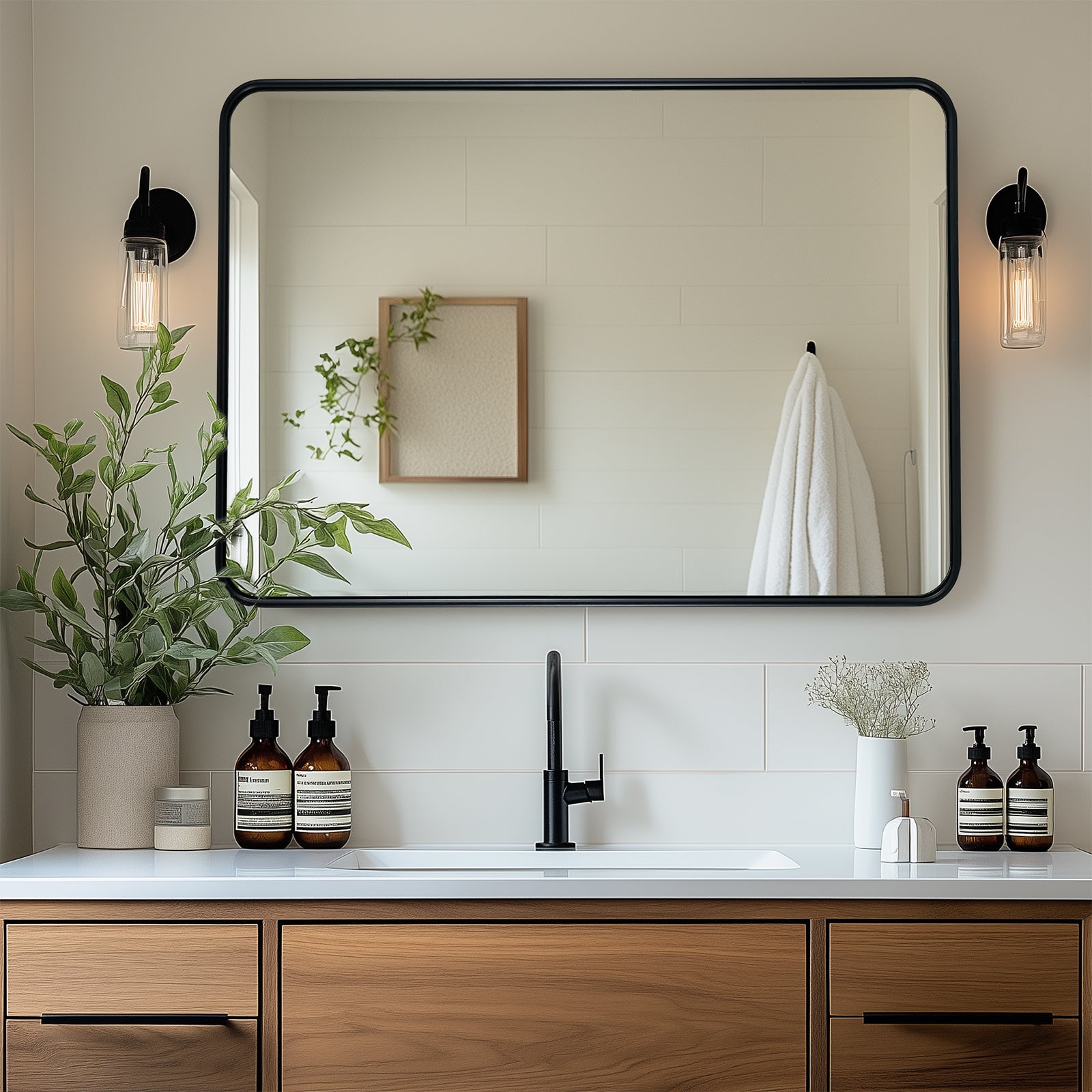 Contemporary Rounded Rectangular Bathroom Wall Mirror| Aluminum U-Tube Framed