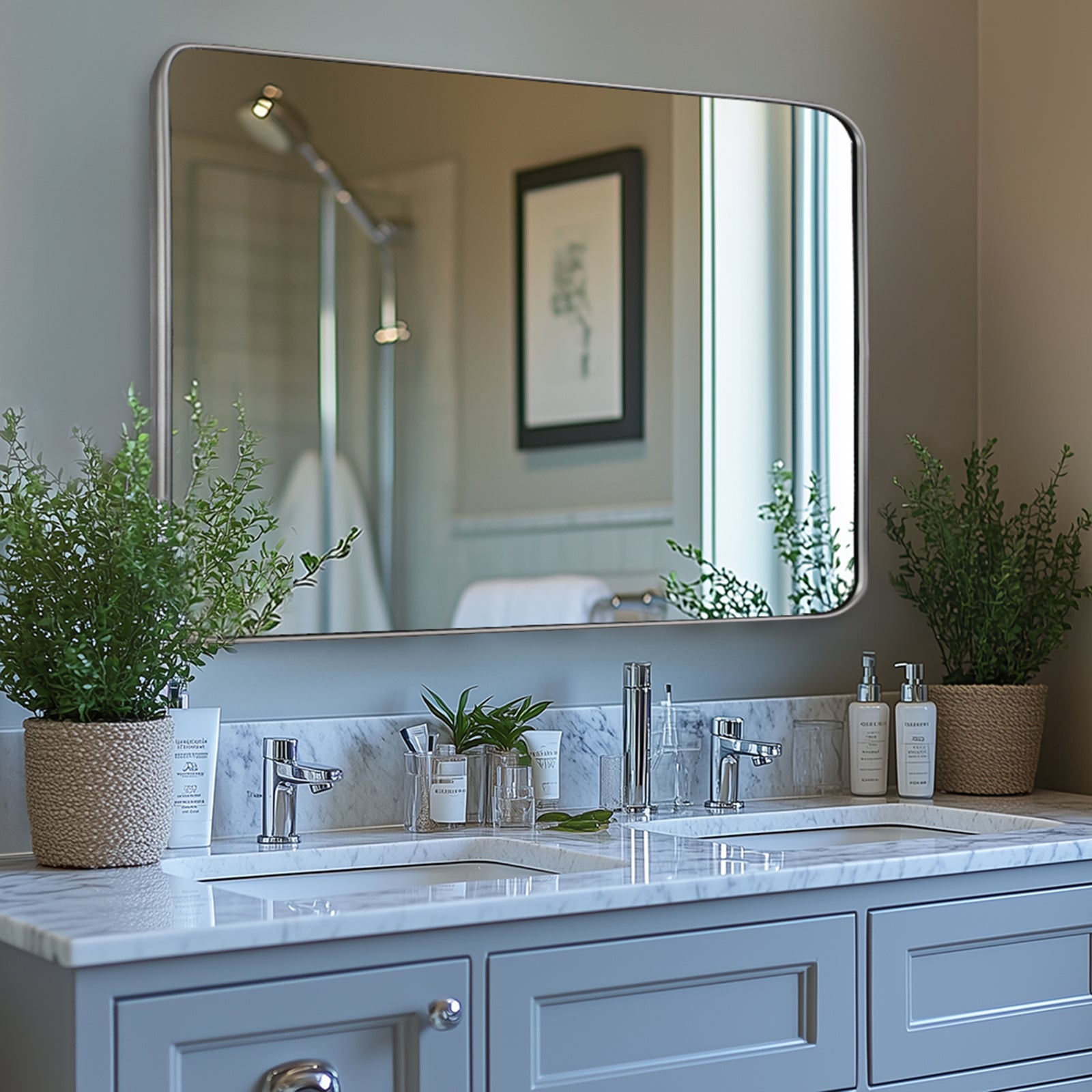 Contemporary Rounded Rectangular Bathroom Wall Mirror| Aluminum U-Tube Framed