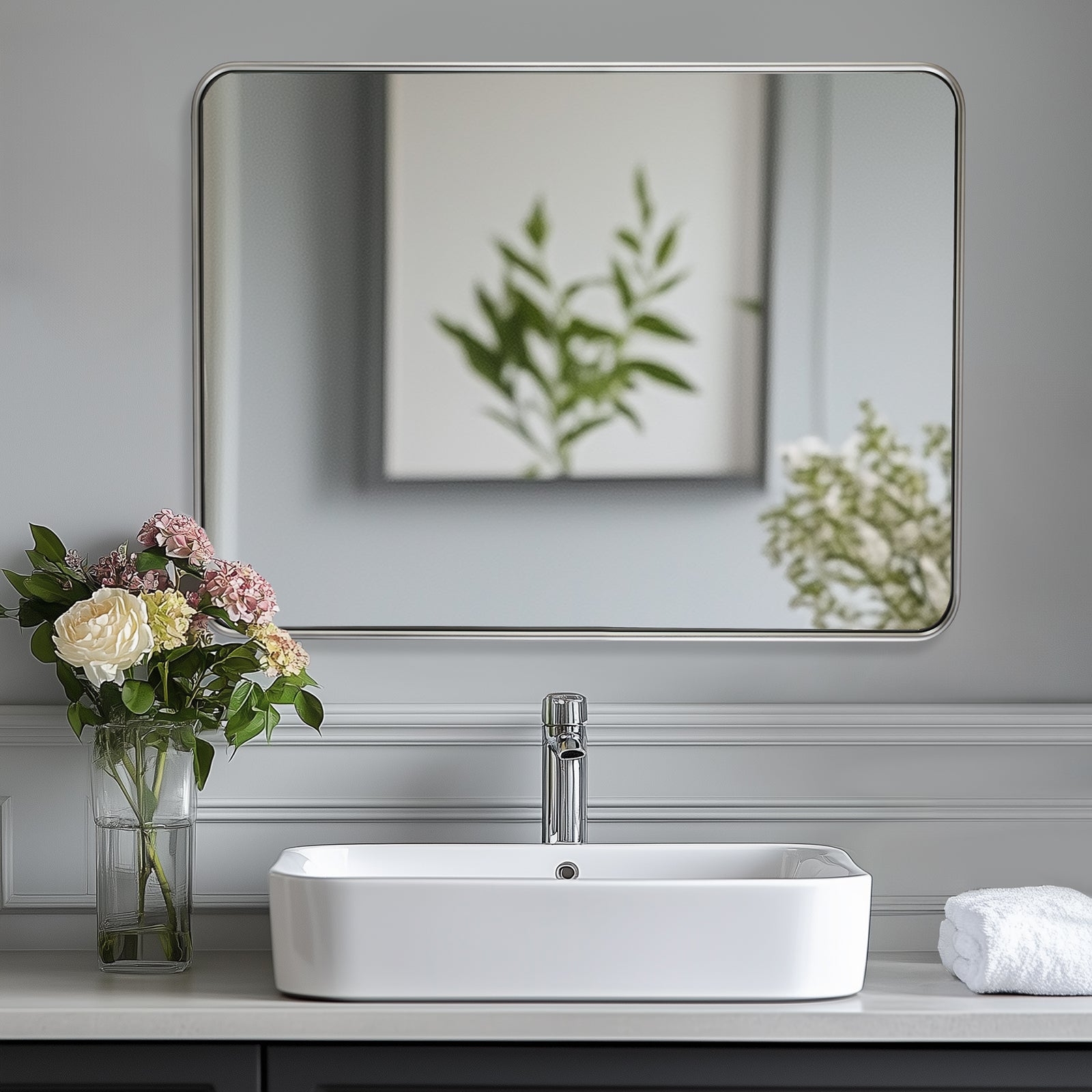 Contemporary Rounded Rectangular Bathroom Wall Mirror| Aluminum U-Tube Framed