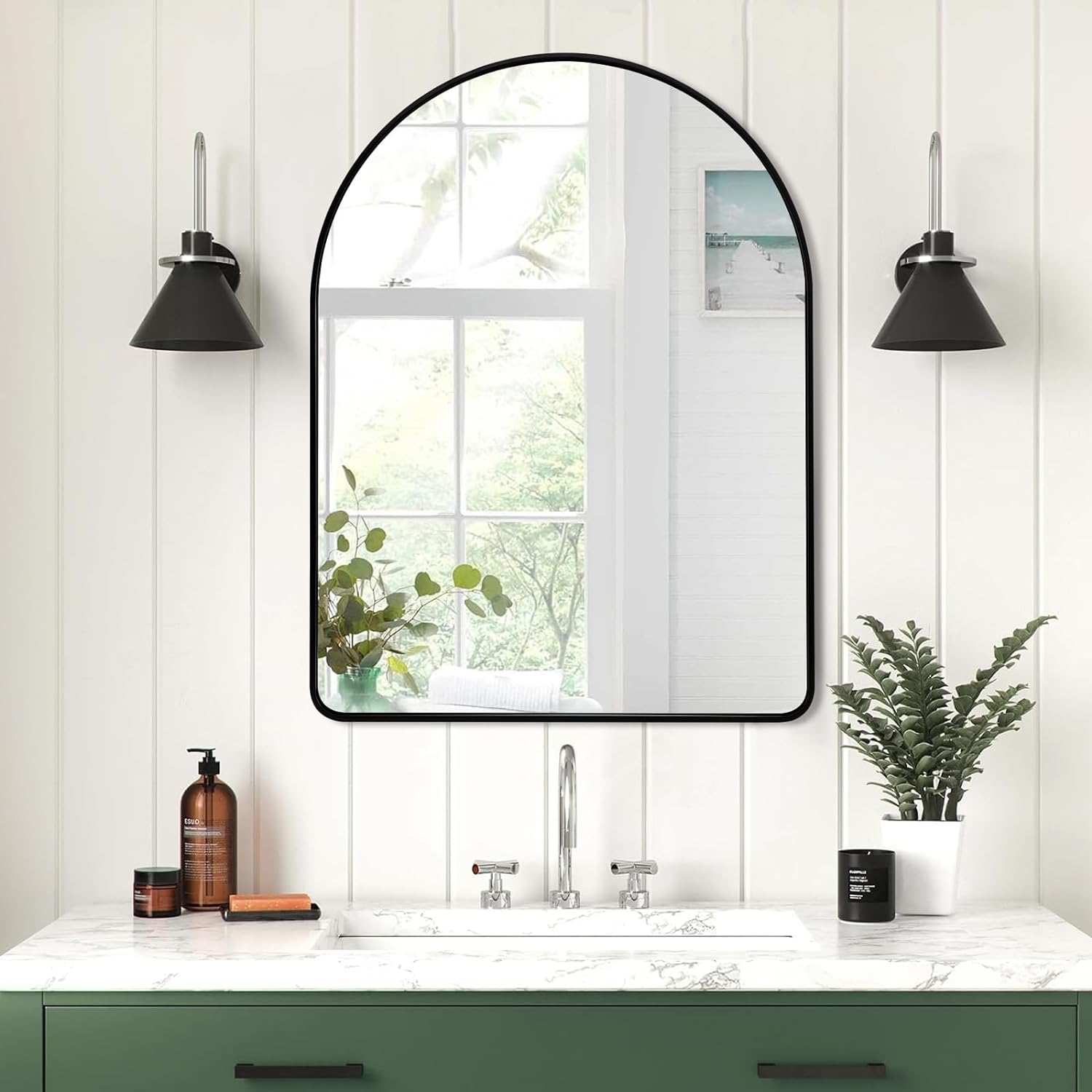 Contemporary Bold Stainless Steel Framed Arched Wall Mirrors for Bathroom, Living Room, Entry