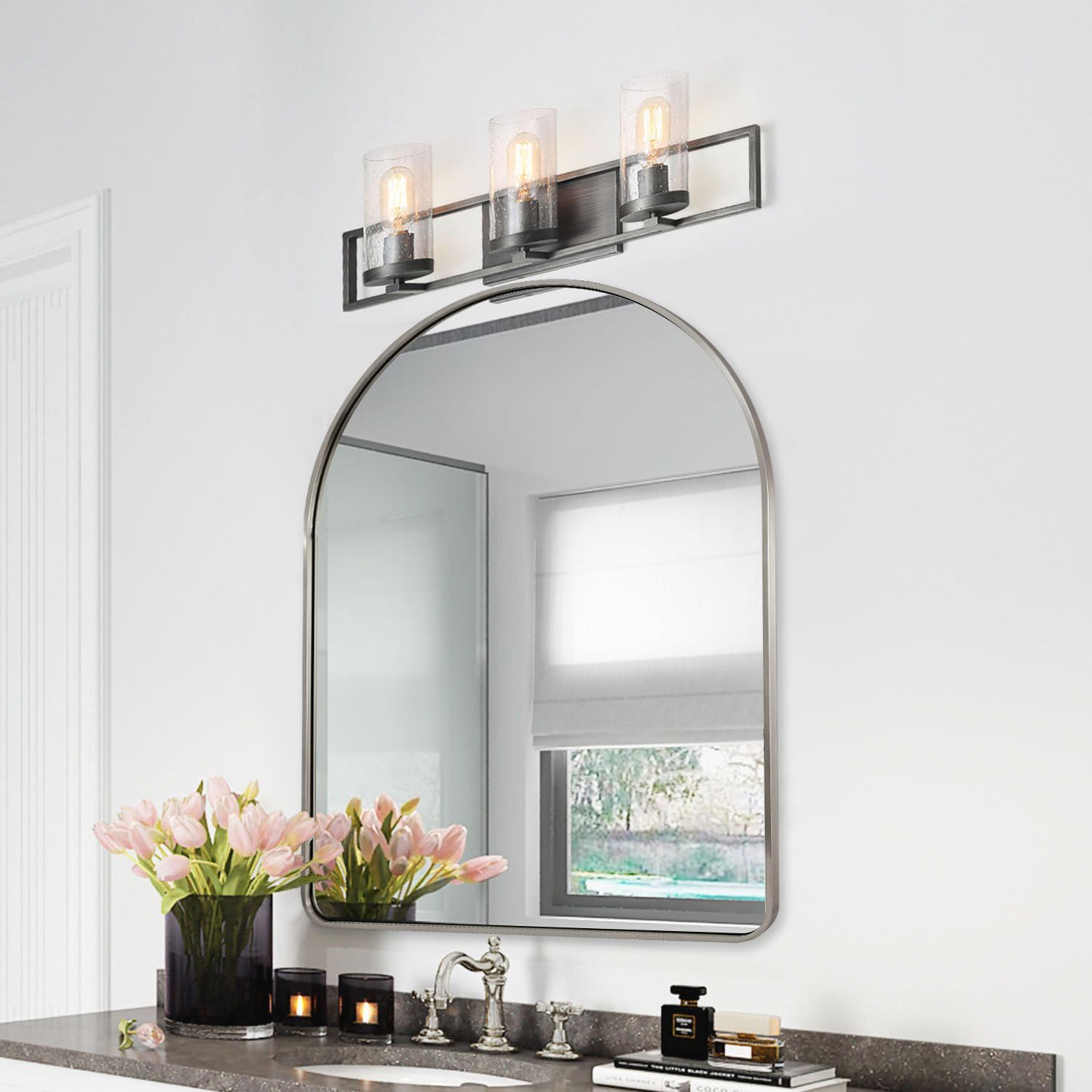 Contemporary Bold Stainless Steel Framed Arched Wall Mirrors for Bathroom, Living Room, Entry