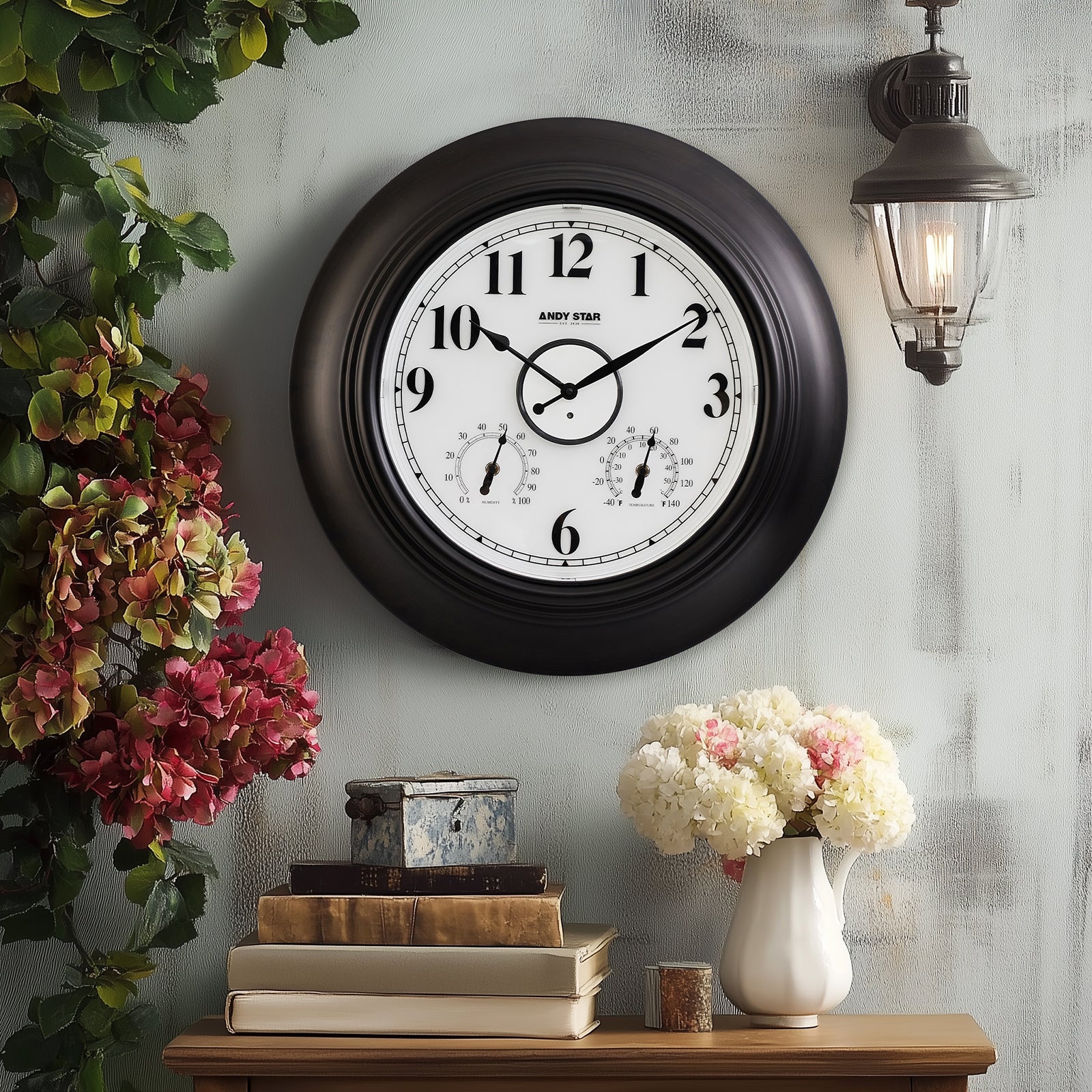 Contemporary Large Outdoor Wall Clock with Thermometer Weatherproof Illuminated ,21 Inch