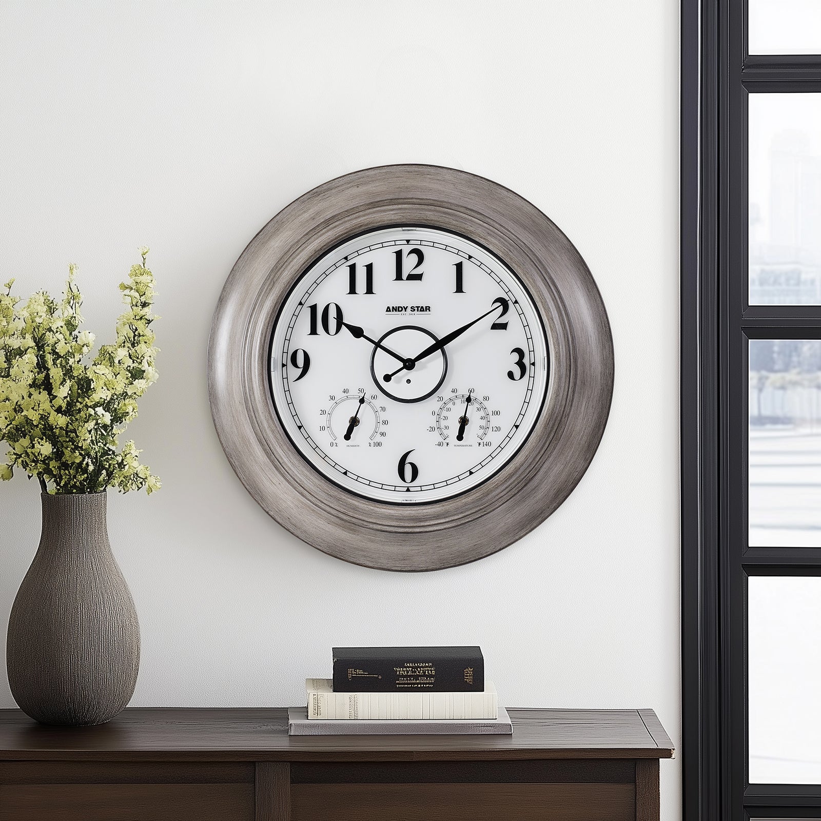 21 inch Oak Illuminated Outdoor Clocks with Thermometer Weatherproof Waterproof