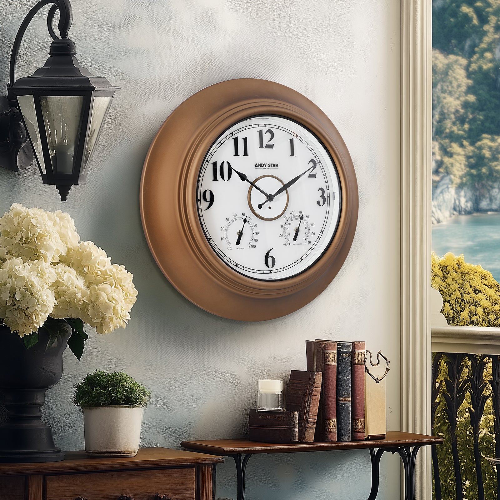 Contemporary Large Outdoor Wall Clock with Thermometer Weatherproof Illuminated ,21 Inch