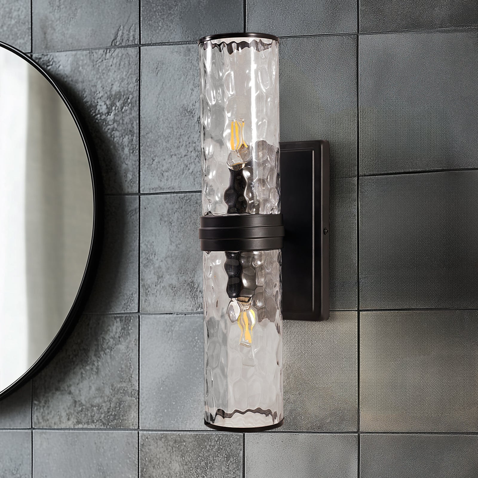 Elegant Hammer Glass Double-Cylinder Shade Wall Sconce Bathroom Light Fixture