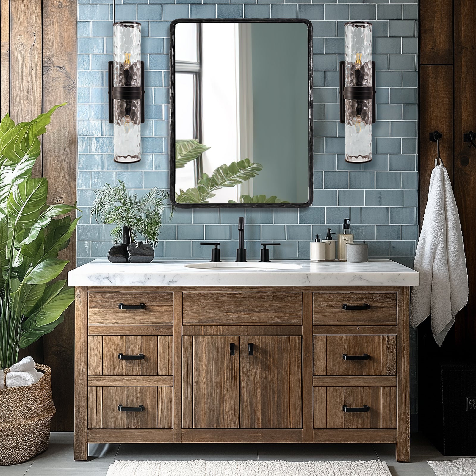 Elegant Hammer Glass Double-Cylinder Shade Wall Sconce Bathroom Light Fixture
