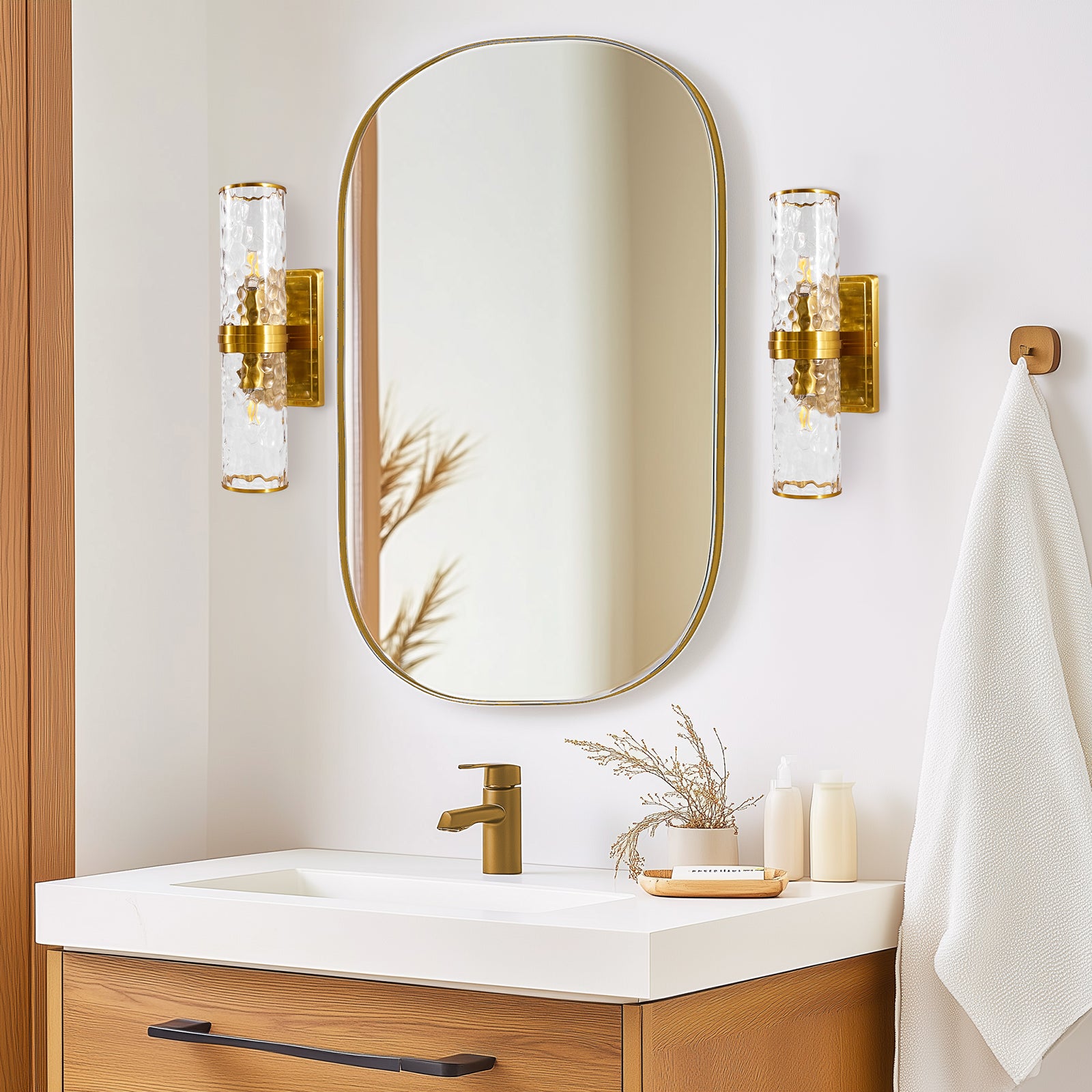 Elegant Hammer Glass Double-Cylinder Shade Wall Sconce Bathroom Light Fixture