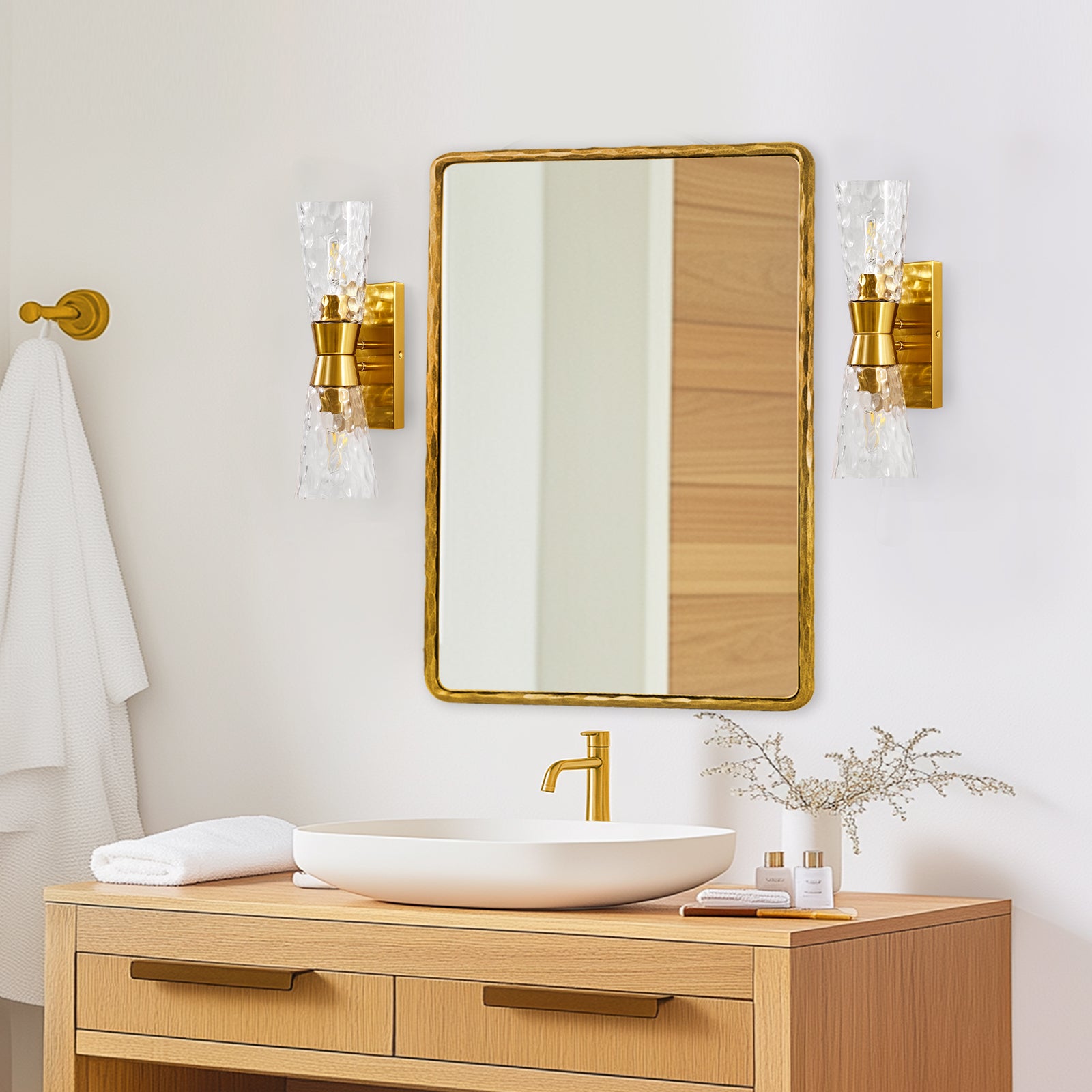 Artistic Double Sconce Flared Hammer Glass Shade Bathroom Light Fixtures