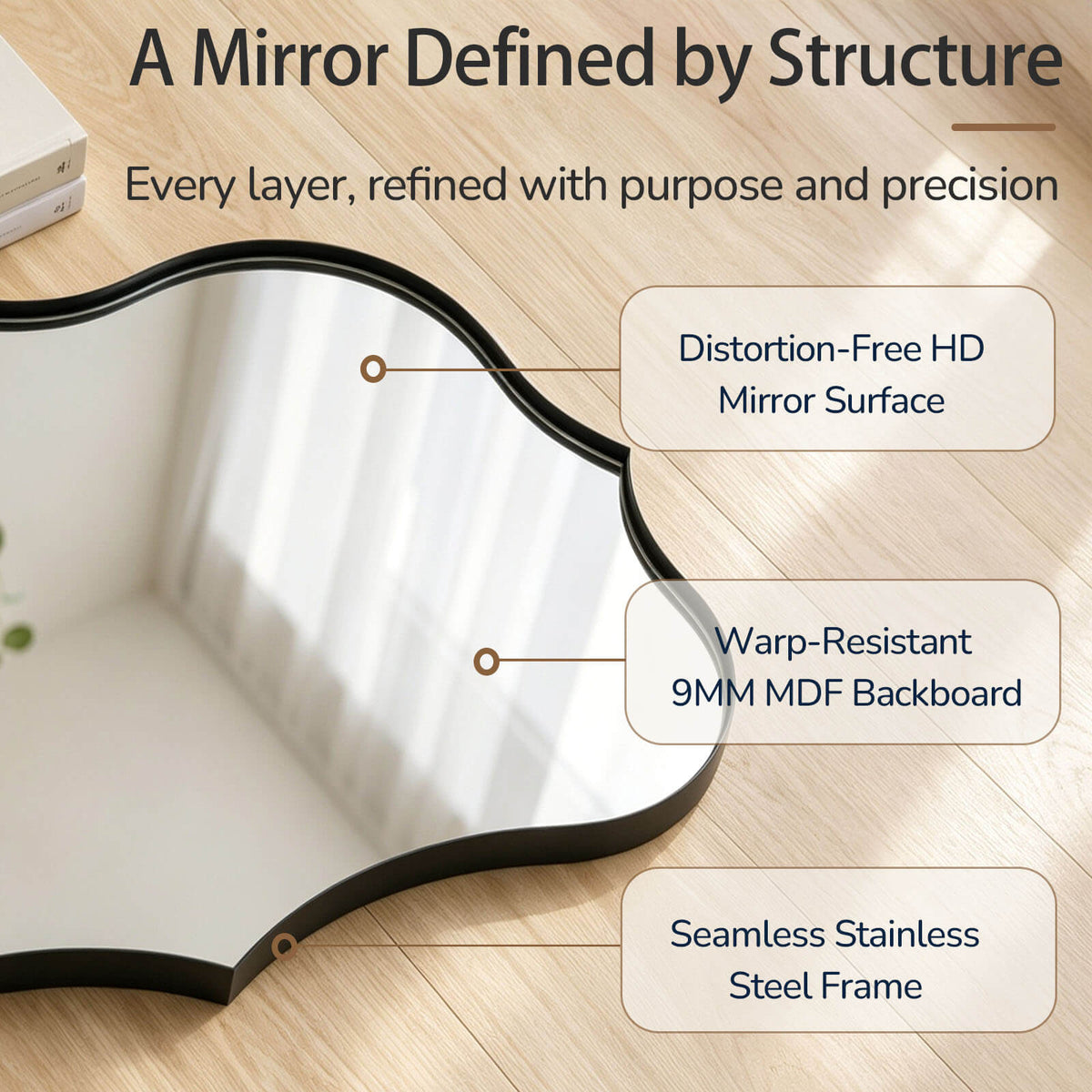 Antique Scalloped Wavy Curved Rectangle Decorative Vanity Mirror | Stainless Steel Frame