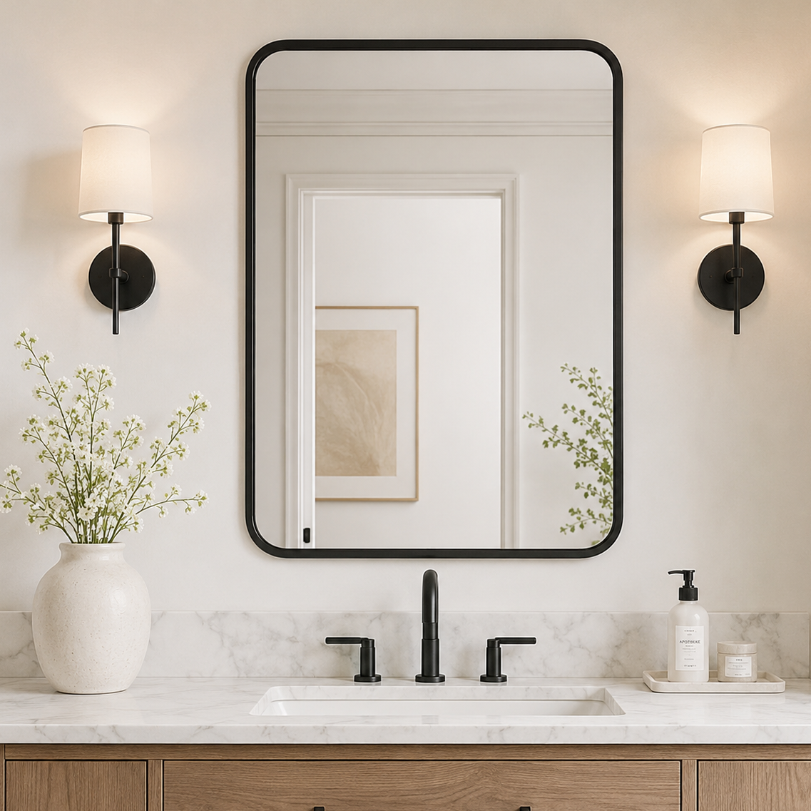 Contemporary Rounded Rectangular Bathroom Wall Mirror |Thicker Stainless Steel Framed
