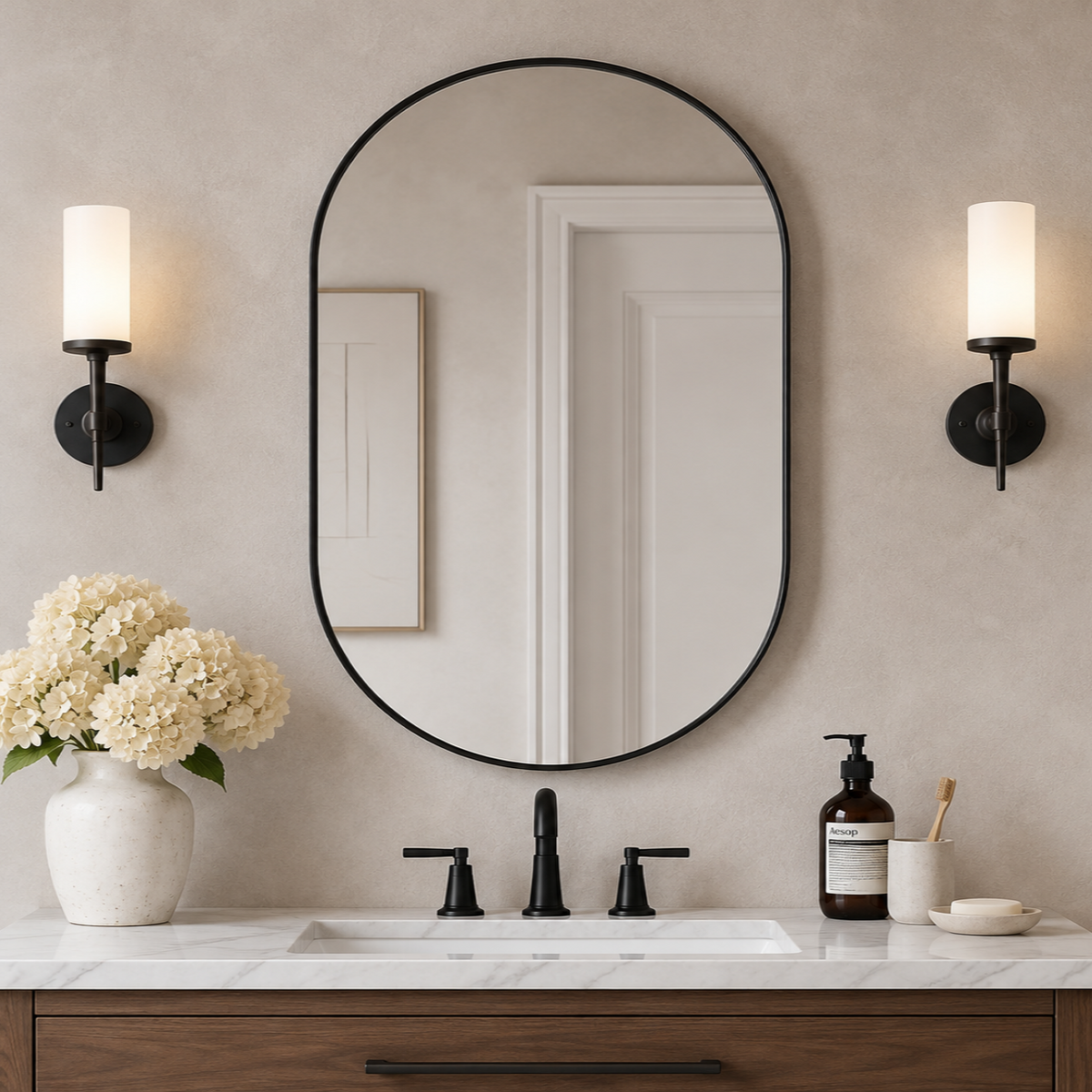 Modern Pill Shaped Capsule Wall Mirrors Long Oval Bathroom Vanity Mirror | Stainless Steel Frame