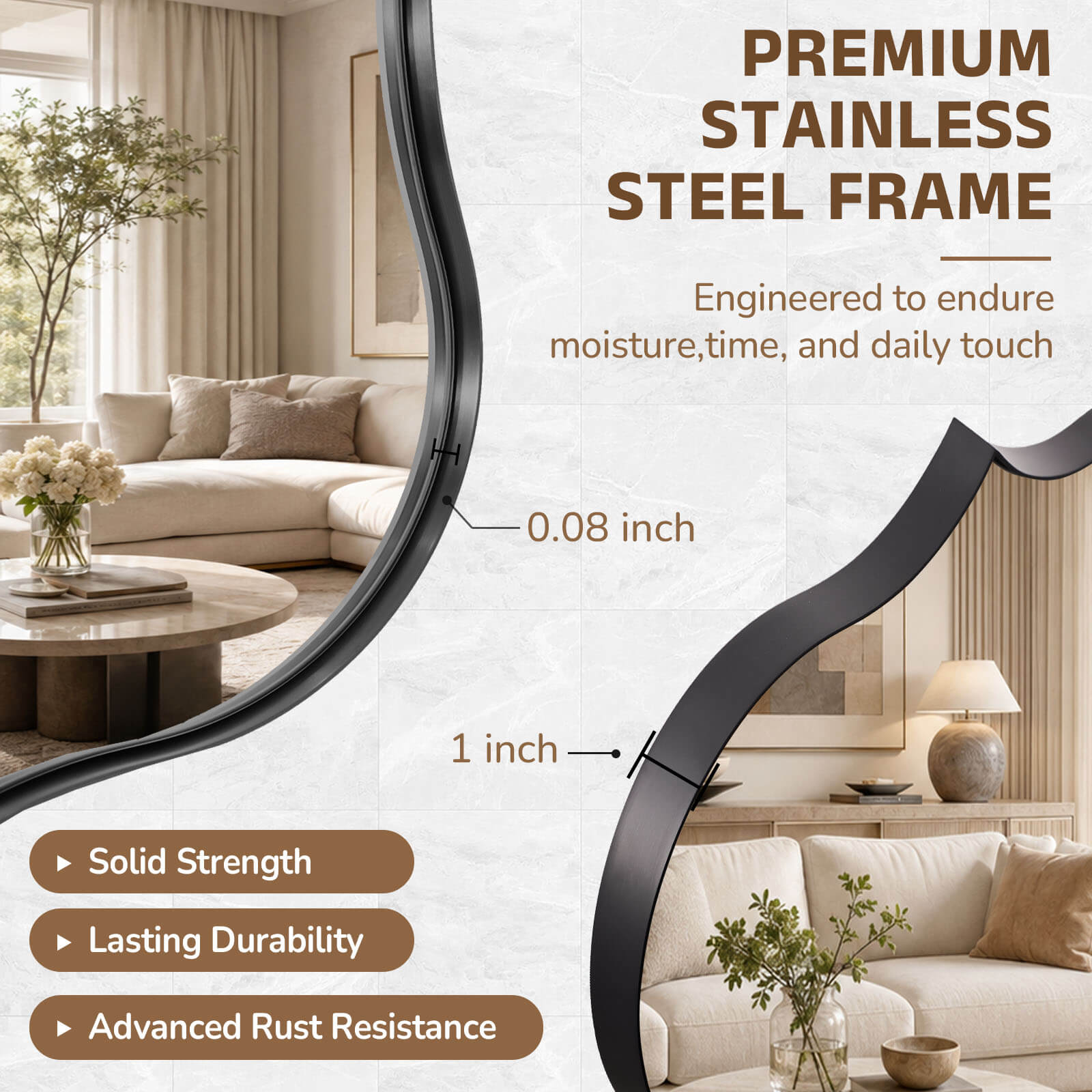 Antique Scalloped Wavy Curved Rectangle Decorative Vanity Mirror | Stainless Steel Frame