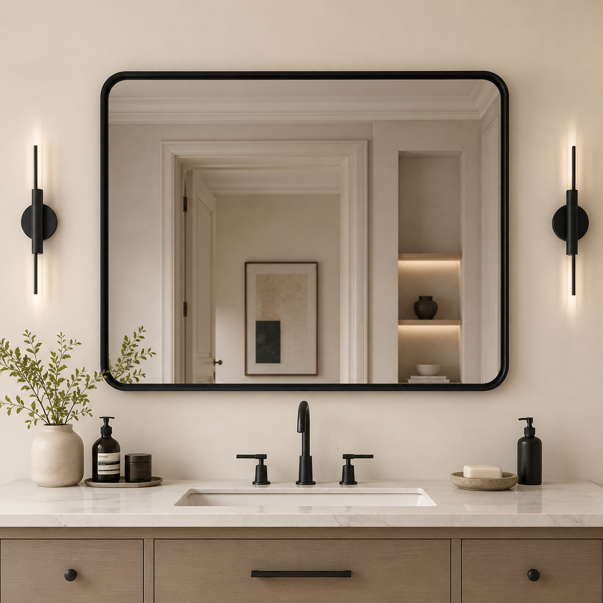 Contemporary Rounded Rectangular Bathroom Wall Mirror |Thicker Stainless Steel Framed
