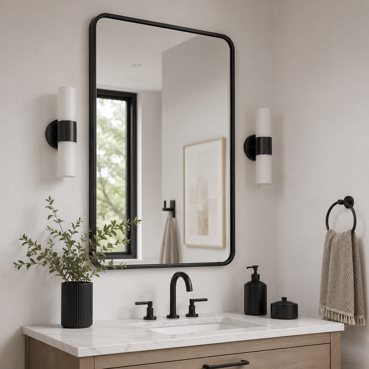 Contemporary Rounded Rectangular Bathroom Wall Mirror |Thicker Stainless Steel Framed
