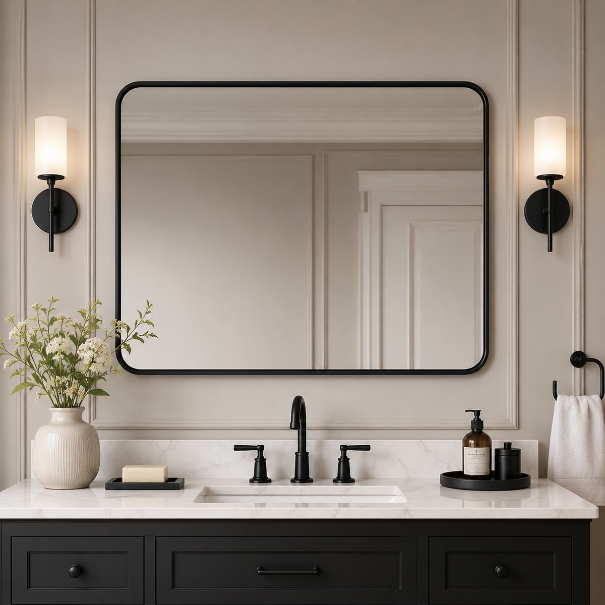 Contemporary Rounded Rectangular Bathroom Wall Mirror |Thicker Stainless Steel Framed
