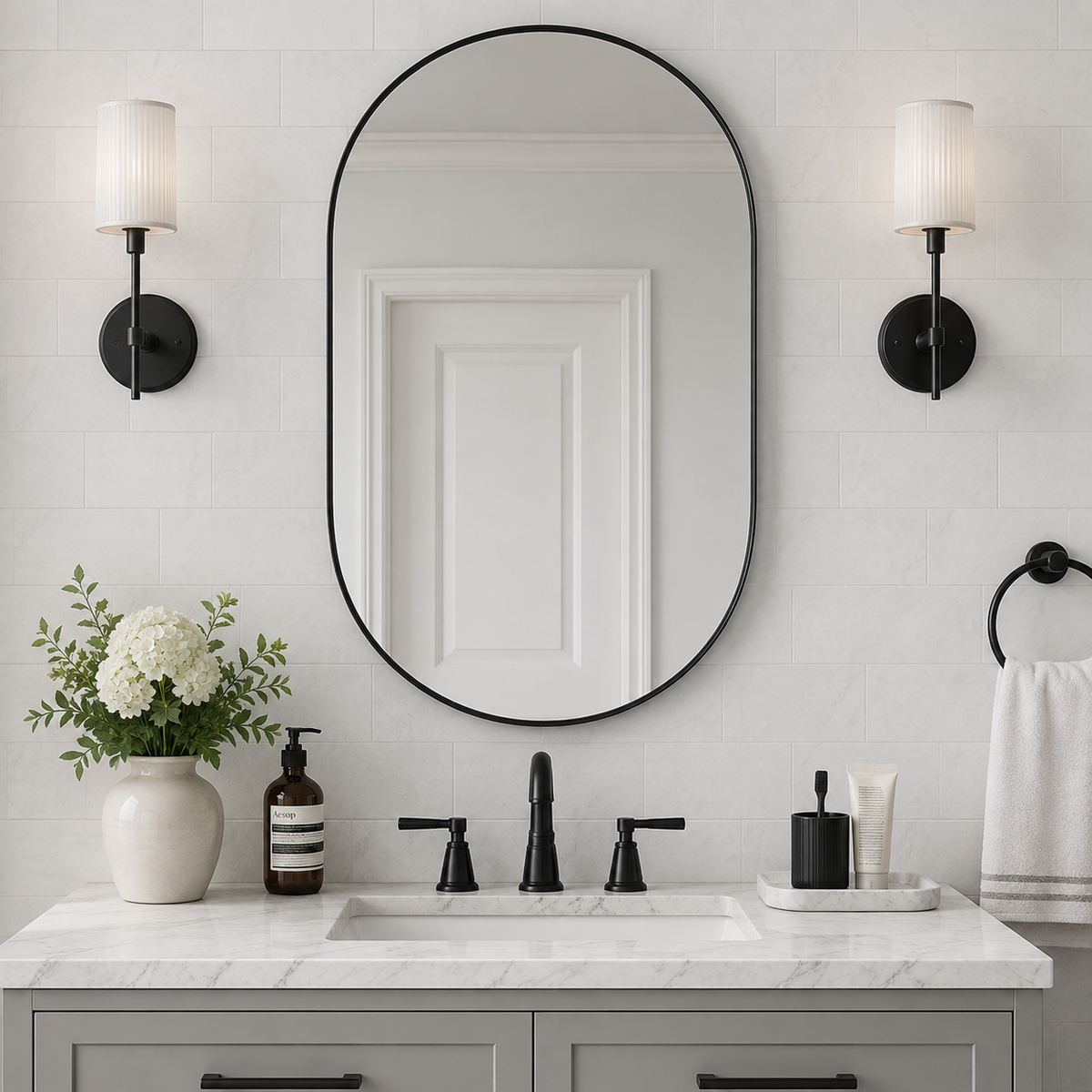 Modern Pill Shaped Capsule Wall Mirrors Long Oval Bathroom Vanity Mirror | Stainless Steel Frame