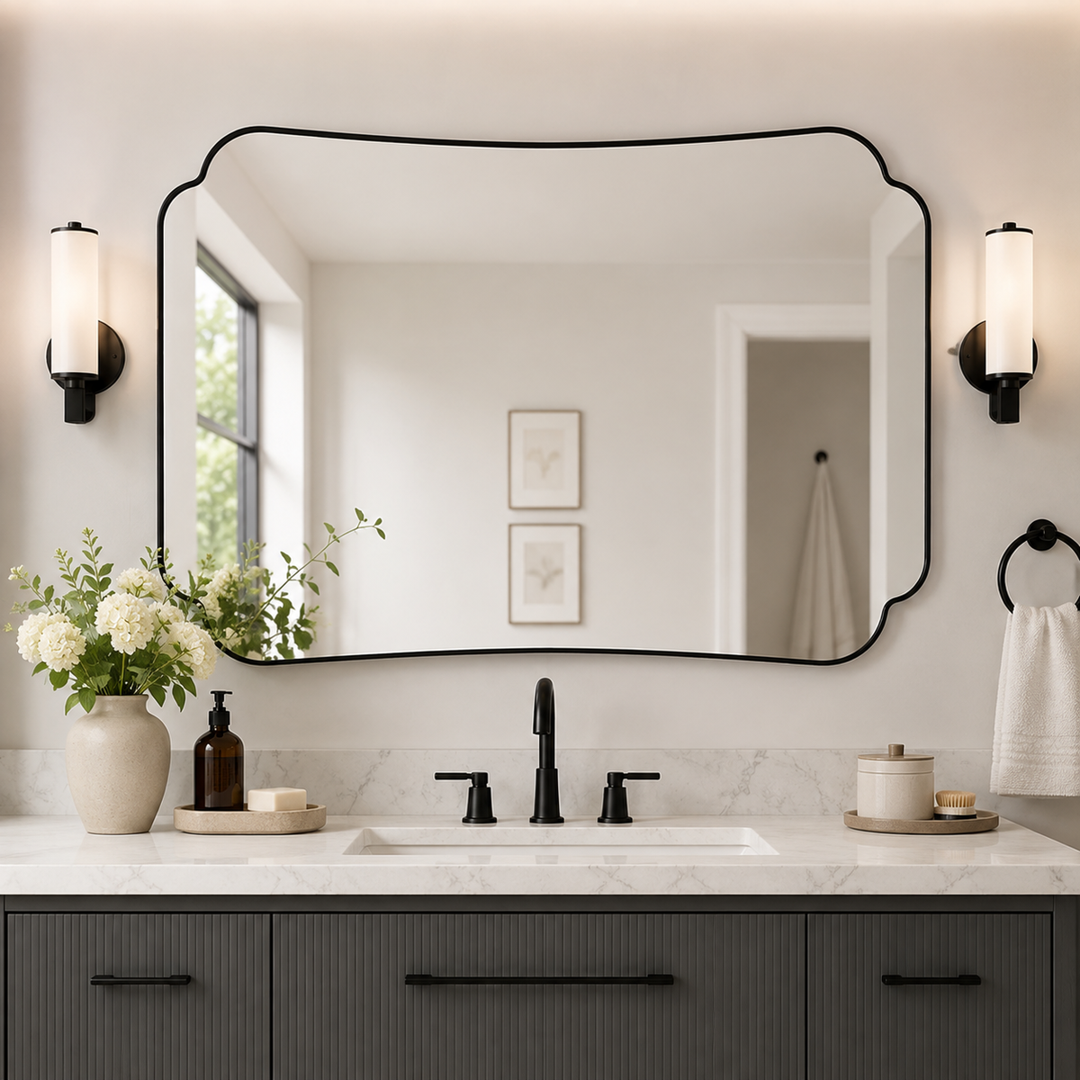 Contemporary Cut Corner Concave Edge Scalloped Bathroom Mirror | Stainless Steel Frame
