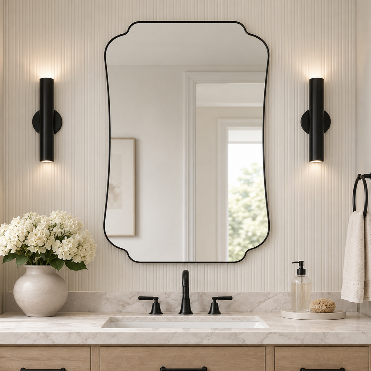 Contemporary Cut Corner Concave Edge Scalloped Bathroom Mirror | Stainless Steel Frame